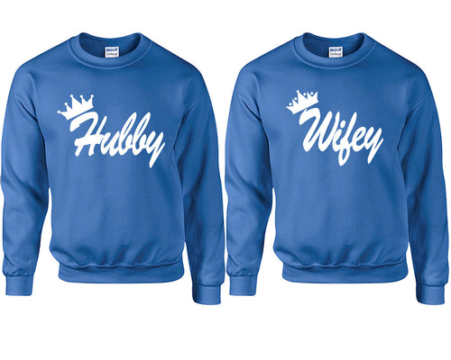 Hubby and Wifey couple sweatshirts. Royal Blue sweaters for men, sweaters for women. Sweat shirt. Matching sweatshirts for couples