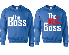 Load image into Gallery viewer, The Boss The Real Boss couple sweatshirts. Royal Blue sweaters for men, sweaters for women. Sweat shirt. Matching sweatshirts for couples
