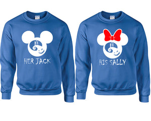 Her Jack and His Sally couple sweatshirts. Royal Blue sweaters for men, sweaters for women. Sweat shirt. Matching sweatshirts for couples