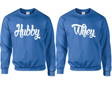 Cargar imagen en el visor de la galería, Hubby and Wifey couple sweatshirts. Royal Blue sweaters for men, sweaters for women. Sweat shirt. Matching sweatshirts for couples
