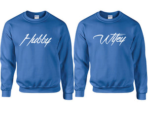 Hubby and Wifey couple sweatshirts. Royal Blue sweaters for men, sweaters for women. Sweat shirt. Matching sweatshirts for couples