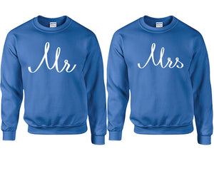 Mr and Mrs couple sweatshirts. Royal Blue sweaters for men, sweaters for women. Sweat shirt. Matching sweatshirts for couples