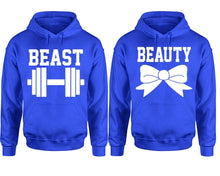 Cargar imagen en el visor de la galería, Beast Beauty hoodie, Matching couple hoodies, Royal Blue pullover hoodies. Couple jogger pants and hoodies set.
