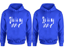 Görseli Galeri görüntüleyiciye yükleyin, She&#39;s My Number 1 and He&#39;s My Number 1 hoodies, Matching couple hoodies, Royal Blue pullover hoodies
