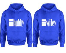 Load image into Gallery viewer, Hubby and Wifey hoodies, Matching couple hoodies, Royal Blue pullover hoodies
