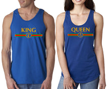 Load image into Gallery viewer, King Queen  matching couple tank tops. Couple shirts, Royal Blue tank top for men, tank top for women. Cute shirts.
