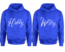 Görseli Galeri görüntüleyiciye yükleyin, Hubby and Wifey hoodies, Matching couple hoodies, Royal Blue pullover hoodies
