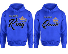Cargar imagen en el visor de la galería, King Queen hoodie, Matching couple hoodies, Royal Blue pullover hoodies. Couple jogger pants and hoodies set.
