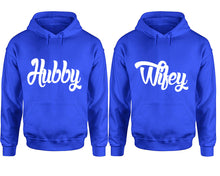 Cargar imagen en el visor de la galería, Hubby and Wifey hoodies, Matching couple hoodies, Royal Blue pullover hoodies
