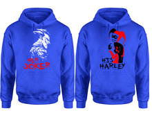 Görseli Galeri görüntüleyiciye yükleyin, Her Joker His Harley hoodie, Matching couple hoodies, Royal Blue pullover hoodies. Couple jogger pants and hoodies set.
