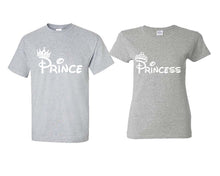 Cargar imagen en el visor de la galería, Prince Princess matching couple shirts.Couple shirts, Sports Grey t shirts for men, t shirts for women. Couple matching shirts.
