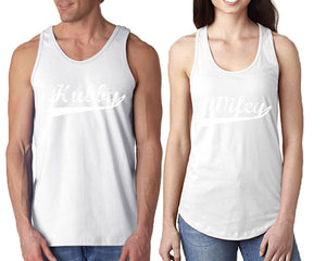 Hubby Wifey  matching couple tank tops. Couple shirts, White tank top for men, tank top for women. Cute shirts.