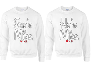 She's Mine He's Mine couple sweatshirts. White sweaters for men, sweaters for women. Sweat shirt. Matching sweatshirts for couples