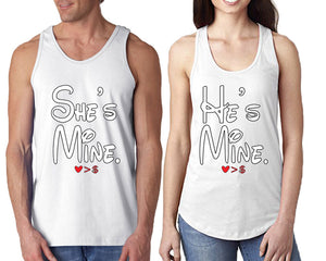 She's Mine He's Mine  matching couple tank tops. Couple shirts, White tank top for men, tank top for women. Cute shirts.