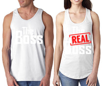 Load image into Gallery viewer, The Boss The Real Boss  matching couple tank tops. Couple shirts, White tank top for men, tank top for women. Cute shirts.

