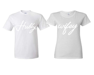 Hubby Wifey matching couple shirts.Couple shirts, White t shirts for men, t shirts for women. Couple matching shirts.