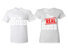 Load image into Gallery viewer, The Boss The Real Boss matching couple shirts.Couple shirts, White t shirts for men, t shirts for women. Couple matching shirts.
