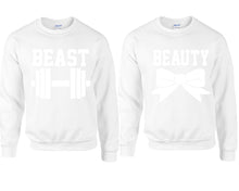 Load image into Gallery viewer, Beast Beauty couple sweatshirts. White sweaters for men, sweaters for women. Sweat shirt. Matching sweatshirts for couples
