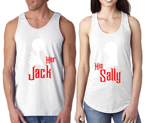 Her Jack His Sally  matching couple tank tops. Couple shirts, White tank top for men, tank top for women. Cute shirts.
